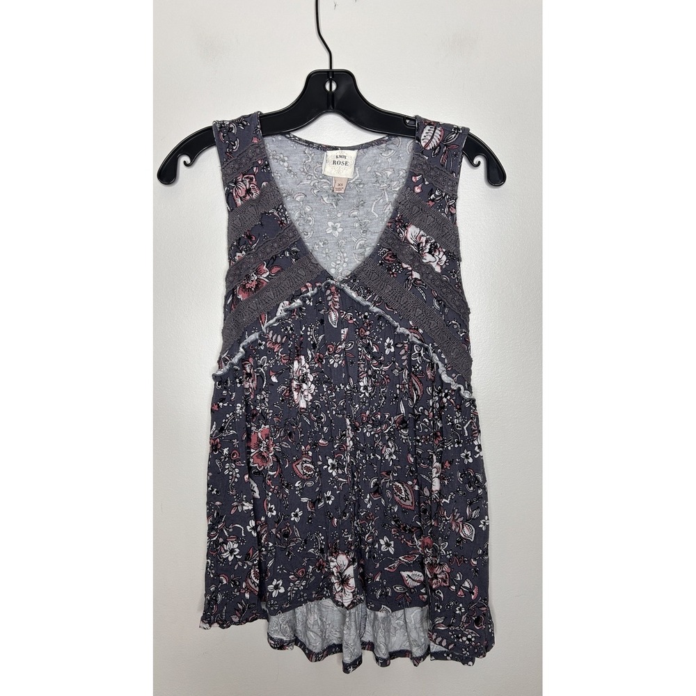 Knox Rose Tank Top Womens Gray Floral V Neck Boho Blouse Sleeveless Size XS